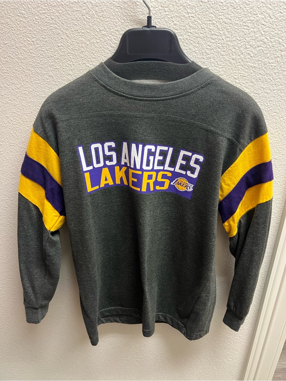 Lakers fan must have Gray Crewneck Sweater with Purple & Gold Stripes